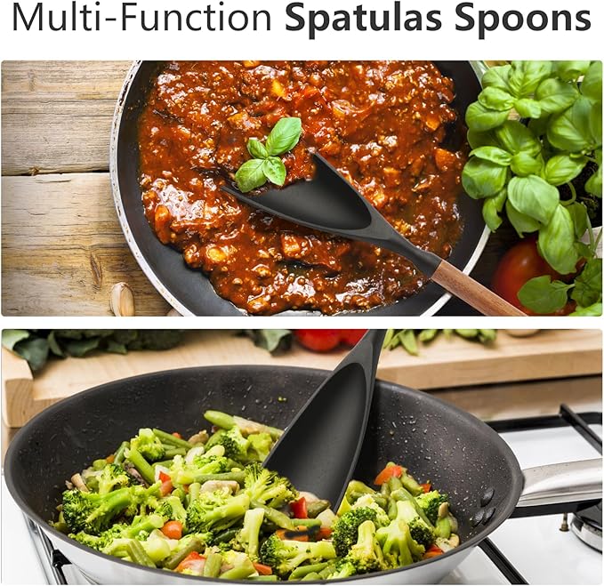 Multifunction Silicone Spatula Cooking Spoon for Nonstick Cookware, Wooden Handle Spatula Spoon for Mixing Serving Scraping, Heat Resistant BPA-Free Kitchen Spoon