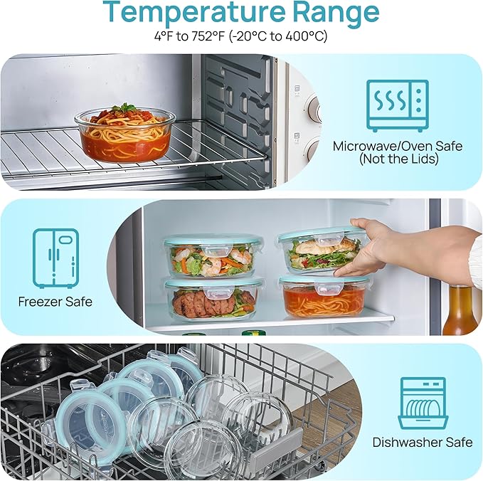 Vtopmart 5Pack 22oz Glass Storage Containers with Lids, Glass Meal Prep Food Container Sets with Snap Airtight Lids for Microwave, Oven