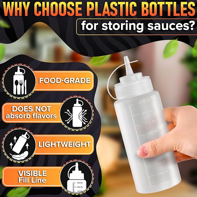 3-Pack Plastic Condiment Squeeze Bottles 16 oz – Refillable Squirt Bottles with Narrow Tip, Leak-Resistant | Great for Oil, Sauces, Ketchup, Mayonnaise, Syrup, Dressing, BBQ Stations & Catering Use
