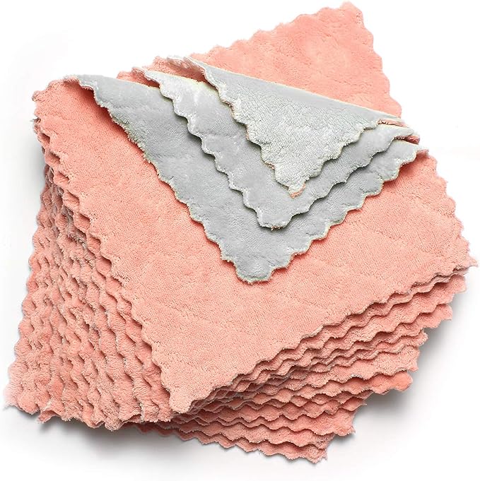kimteny 12 Pack Dish Towels, 10x10 in Premium Dish Cloths, Super Absorbent Kitchen Towels Coral Velvet Dishcloths Nonstick Oil Fast Drying Washcloths (Pink-Grey)