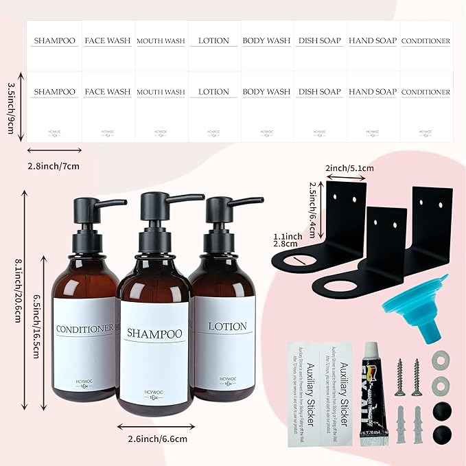 Shampoo Dispenser for Shower Wall, Shampoo and Conditioner Dispenser with 16 Waterproof Labels, No Drill Shower Soap Dispenser Bathroom, Shower Soap Dispenser Wall Mounted,17oz, 3 Pack, Amber