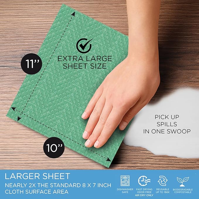Swedish Dishcloths for Kitchen XL, 30 Sheet Roll, Biodegradable & Compostable, Reusable Paper Towel Cleaning Cloths, 11" x 10", No Odor, Washing Dishes, Ultra Absorbent Cellulose Sponge Towel, By LOLA