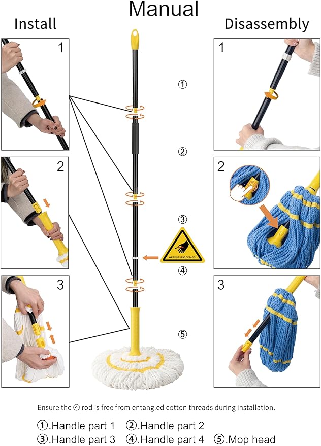 Self-Wringing Twist Mops for Floor Cleaning, Microfiber Floor mop with 57 " Long Handle, Easy Wringing Mop for Hardwood Commercial Household Clean