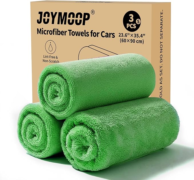 JOYMOOP Microfiber Towels for Cars, 3 Pack 35.4" x 23.6" Car Drying Towel, Green Reusable Car Towel, Quick Drying Car Microfiber Cleaning Cloth for RVs, SUVs, Trucks