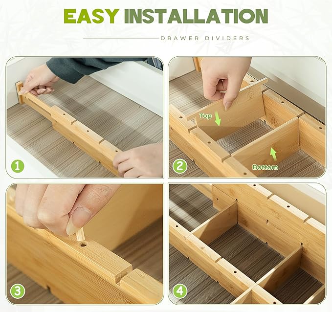 Bamboo Drawer Dividers 4PCS with Inserts, Expandable Kitchen Utensil Drawer Organizers,Adjustable drawer organizer for deep drawers Dresser Closet Underwear Storage Bedroom Bathroom Drawers(16.6"-22")