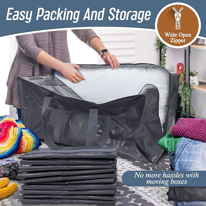 6 Pack Extra Heavy Duty Large Moving Bags with Strong Zipper & Comfortable, Gray