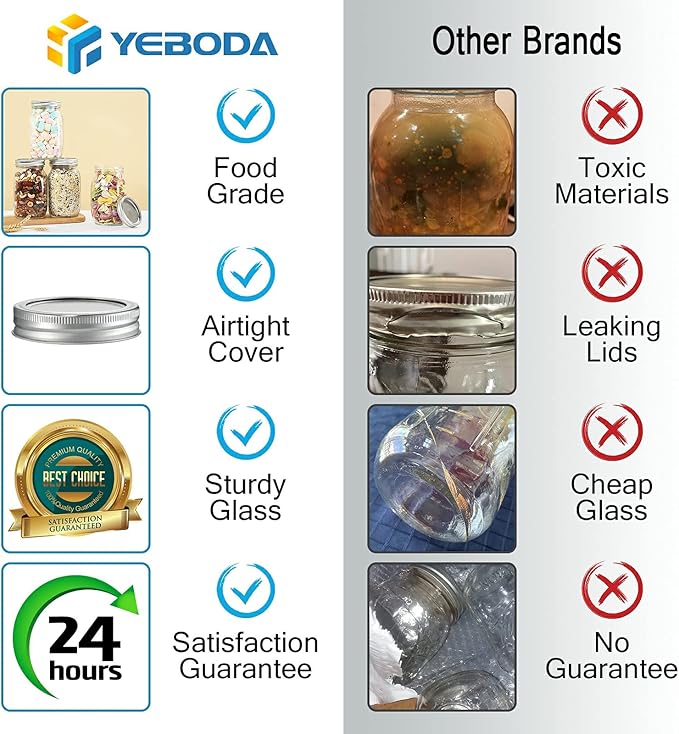 YEBODA 6 Pack Wide Mouth Mason Jars 32oz Glass Canning Jars with Airtight Lids and Bands for Preserving, Jam, Honey, Jelly, Wedding Favors, Sauces