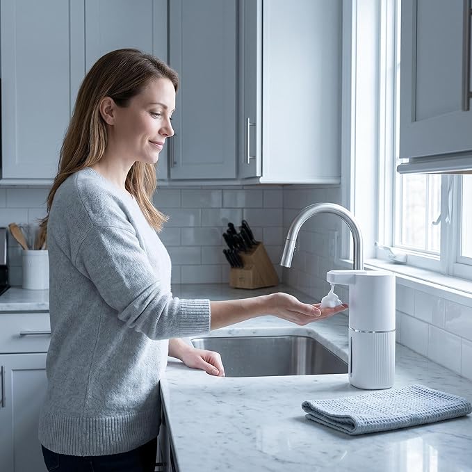 Automatic Touchless Foam Soap Dispenser, 4-Level Adjustable Foam, Continuous Foaming and Self-Cleaning Mode, Type-C Rechargeable, Wall Mount or Countertop (Foam)