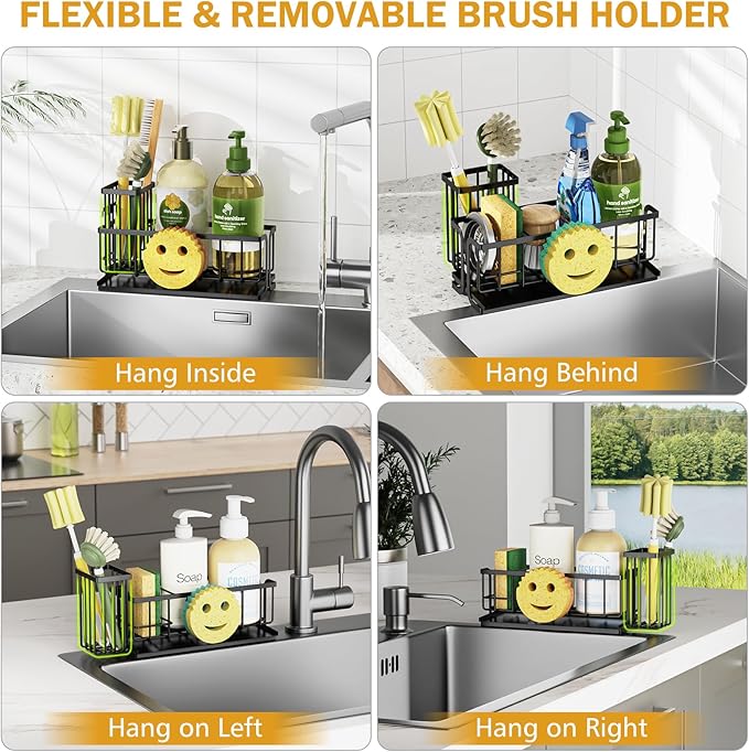 Epicano Sink Caddy Sponge Holder, Smiley Face Sponge Rack with High Brush Holder,Rustproof Kitchen Countertop Organizer,Kitchen Gadgets Sink Accessories, 9.8" x 6.3" x 4.1", Black