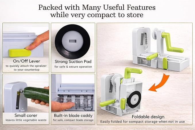 Brieftons QuickFold 5-Blade Spiralizer: Versatile & Compact Foldable Vegetable Spiral Slicer, Best Veggie Pasta Spaghetti Maker for Low Carb/Paleo/Gluten-Free with Brush & 4 Recipe Ebooks