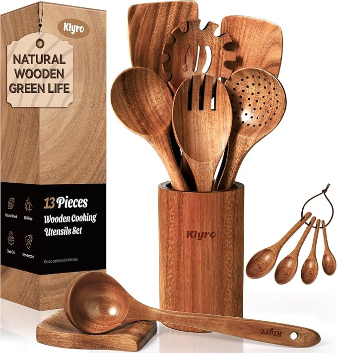 KLYRO Wooden Spoons for Cooking, Nonstick Kitchen Utensils Set with 4 Piece Measuring Spoons, Comfort Grip Wooden Spatula Set, 9 Piece Teak Wooden Cooking Utensils with Holder and Spoon Rest