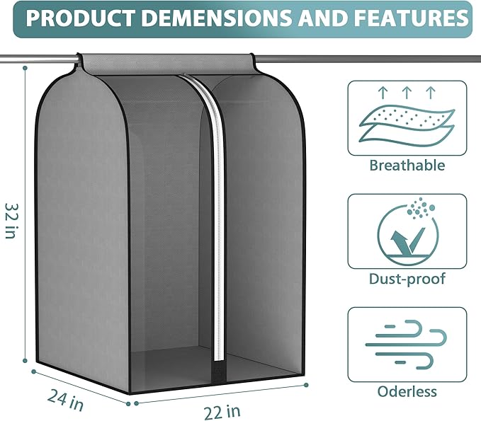 Liuoud 22” Gusseted Garment Bags for Hanging Clothes, Large Clear Window Clothes Cover for Closet Storage, Wardrobe Coat Protector for Suit, Shirt Bottom Enclosed, 2 Pack, 32” Long