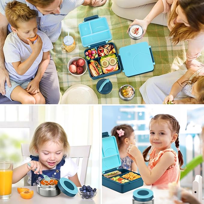 Bento Lunch Box Set for Kids with 8oz Soup Thermo, Leak-Proof Lunch Containers with 4 Compartment