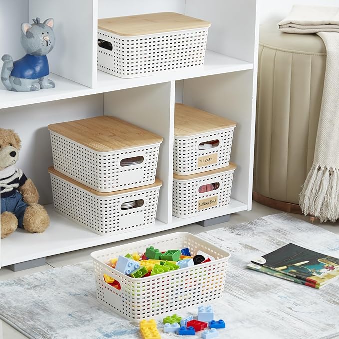 Bagnizer Small Plastic Storage Bins with Bamboo Lids 5.2qt Stackable Box Basket Pantry Decorative Containers Cute with Labels for Organizing Desktop