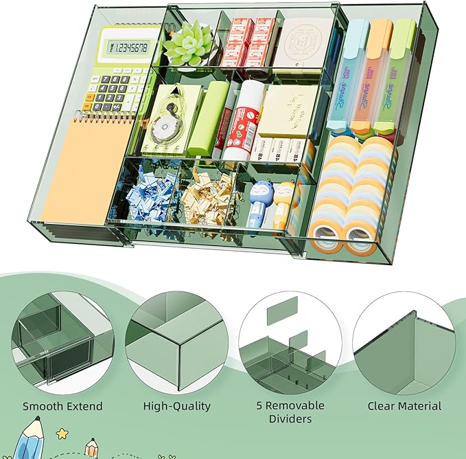 Expandable Desk Drawer Organizer, Clear Green