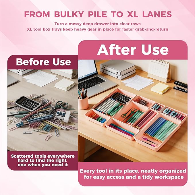 Pink Drawer Organizer Trays with Non-Slip Pads, 6 PCS Extra-Large