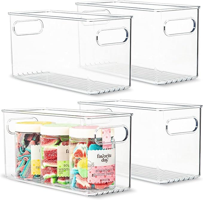 Plastic Food Storage 4 Pack Clear Container Bin with Handles for Organizing Kitchen, Pantry, Refrigerator, Freezer, Pantry, Cabinet, Closet