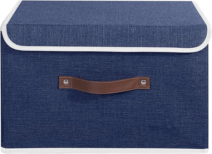 ANMINY Storage Bin with Lid Storage Boxes with PU Leather Handles PP Plastic Board Decorative Foldable Lidded Cotton Linen Fabric Home Cubes Baskets