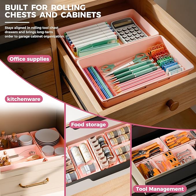 Pink Drawer Organizer Trays with Non-Slip Pads, 6 PCS Extra-Large