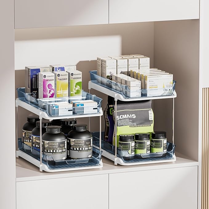 Delamu 2-Tier Multi-Purpose Bathroom Under Sink Organizers and Storage, Stackable Kitchen Pantry Organization