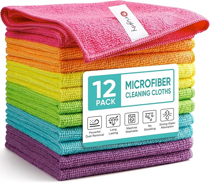 Orighty Microfiber Cleaning Cloth Pack of 12, Microfiber Towels for Cars, Highly Absorbent Car Cleaning Supplies, Lint Free Cloths Clean Rags for Car Care, House, Kitchen, 12x12 inch