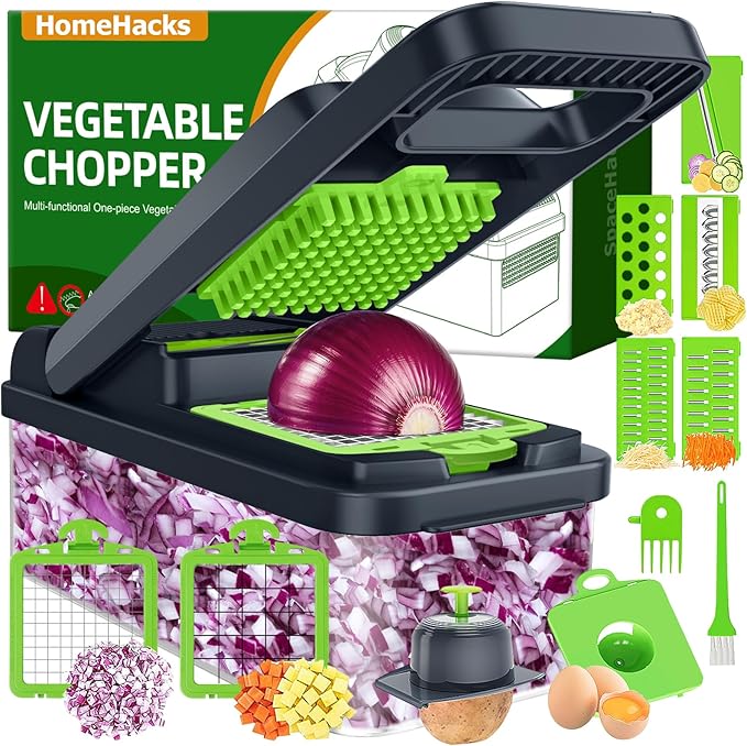 HomeHacks Vegetable Chopper Vegetable Cutter, 12 in 1 Kitchen Gadget, Dicer, Slicer, Onion Cutter, Salad, Cheese Grater & Egg Separator - Multi-Functional Veggie Chopper Lid with Handle (Green)