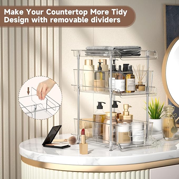 2Set 3 Tier Clear Bathroom Organizer with Dividers