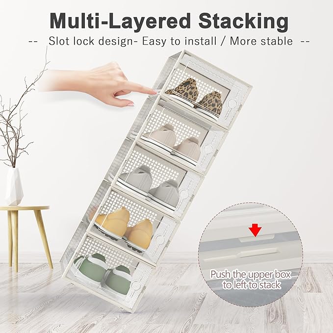 Kuject Large Shoe Organizers Storage Boxes for Closet, 12 Pack Clear Plastic Stackable Storage Bins with Lids, Under Bed Shoe Containers for Entryway, Fit up to Women's Size 10,Black,Off-white