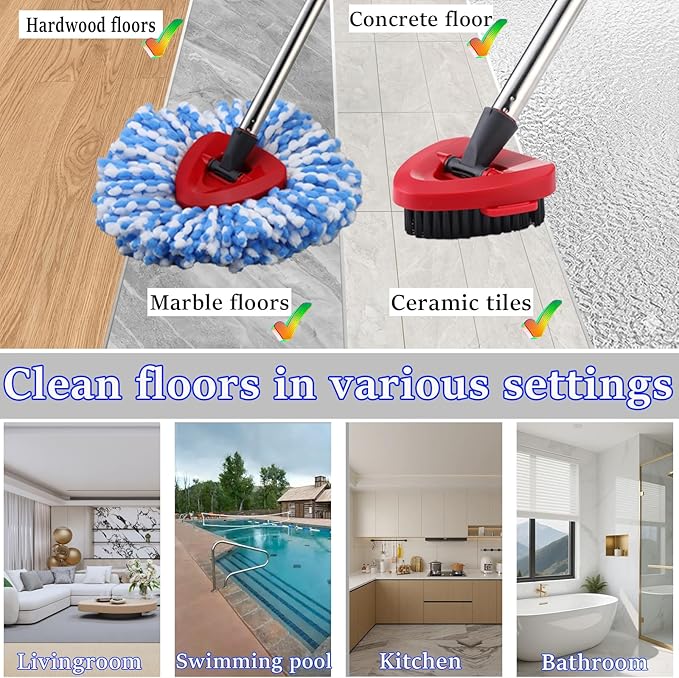 Mop Heads Replacement Handle for Ocedar RinseClean 2-Tank System, 2 Microfiber Mop Refills, 1 Mop Handle (30-58in Adjustable 4-Section Pole), 2 Scrub Brush, 1 Spin Base for O Cedar Mop