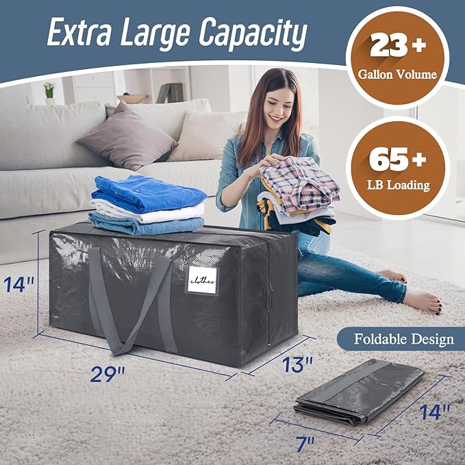 6 Pack Extra Heavy Duty Large Moving Bags with Strong Zipper & Comfortable, Gray