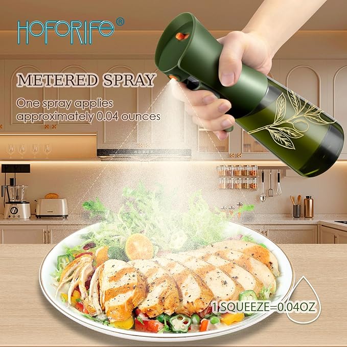 Glass Olive Oil Sprayer for Cooking, Oil Mister Continuous Cooking Spray with Portion Control for Kitchen 220ml/7.5 oz (Olive Green & Gold Print)
