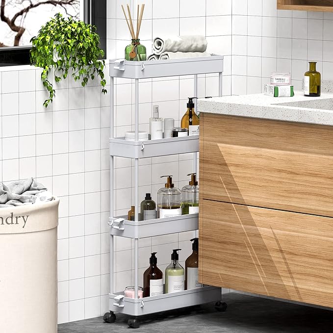SPACEKEEPER Slim Rolling Storage Cart 4 Tier Bathroom Organizer Mobile Shelving Unit Storage Rolling Utility Cart Tower Rack for Kitchen Bathroom Laundry Narrow Places, Gray