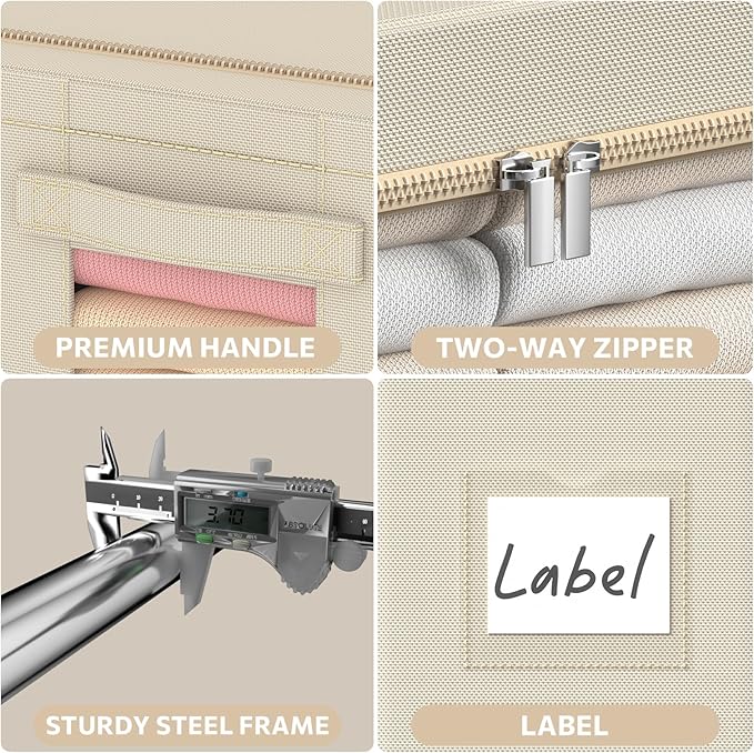 3Pack Frame Storage Box - Clothes Storage Bin Bags Oxford Fabric Foldable Stackable Container Organizer Set with Clear Window & Carry Handles Large Capacity (Beige, Small-22L)
