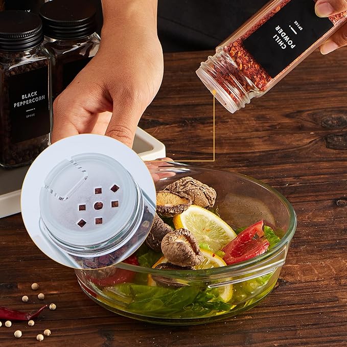 Skiileor 48 Pcs Spice Jars with Label- Glass Spice Jars with Black Metal Caps,Shaker Lids, Funnel