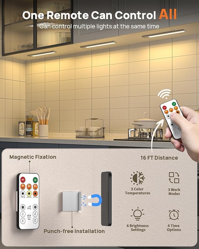 16inch Under Cabinet Lights, LED Motion Sensor Light Indoor, 4000mAh Rechargeable Closet Light with Remote, 3 Color Temps Magnetic Wireless Under Counter Lights for Kitchen, Stair, Pantry, 2 Pack