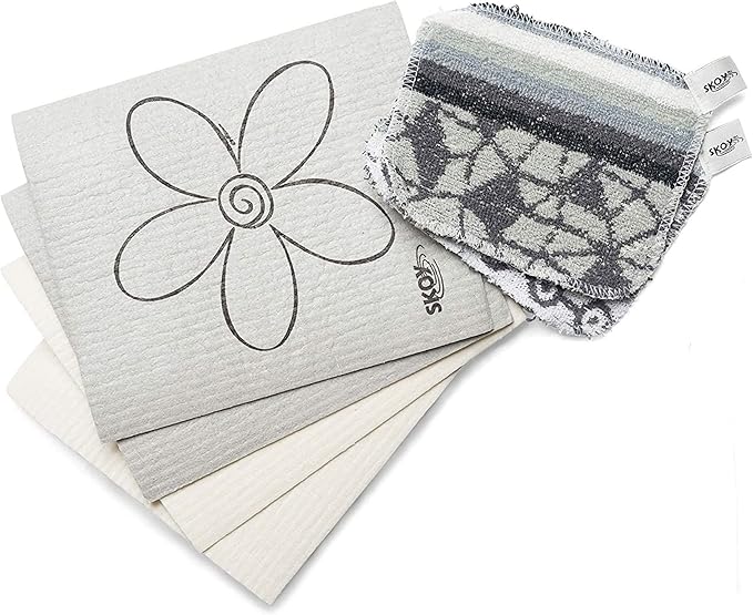 Skoy Bundle, 2-Pack Skoy Scrub, and 4-Pack Skoy Swedish Dishcloth, Reusable Cleaning Products for Kitchen and Household, Planet-Friendly, Dishwasher Safe Soft Scrub, Monochromatic Colors