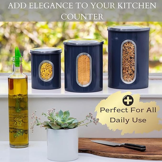 Mixpresso 3-Piece Blue Canisters Sets For The Kitchen, Airtight Canister Set With See Through Window, Storage Jars for Coffee Container