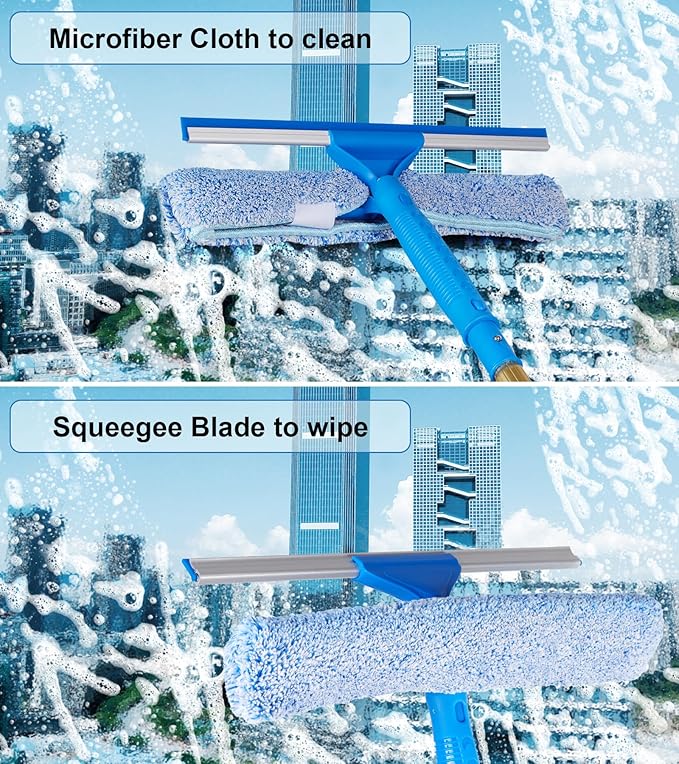 2 in 1 Window Squeegee Cleaning Kit with Aluminum Alloy Extension Poles, Scrubber, Glass Scrapper, Bendable Duster,2 Scrubber Cloth for Window, Car