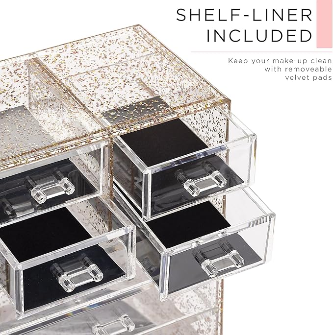 Sorbus Acrylic Makeup Organizer Set, 7-Drawer Vanity & Countertop Cosmetic Storage with Small & Wide Compartments, Glitter Makeup Storage for Brushes