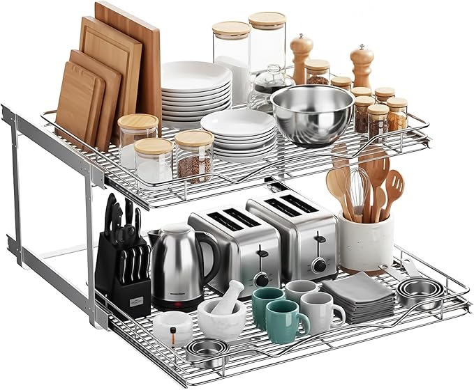 2-Tier Pull-Out Cabinet Organizer with Heavy-Duty Steel Frame, Full-Extension Sliding Shelves, Holds 100 lbs, Easy Install for Kitchen
