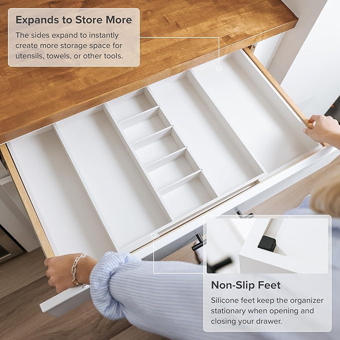 KitchenEdge Adjustable Kitchen Drawer Organizer for Utensils and Junk, Food-Safe Contract Grade with 100% Sustainable Wood