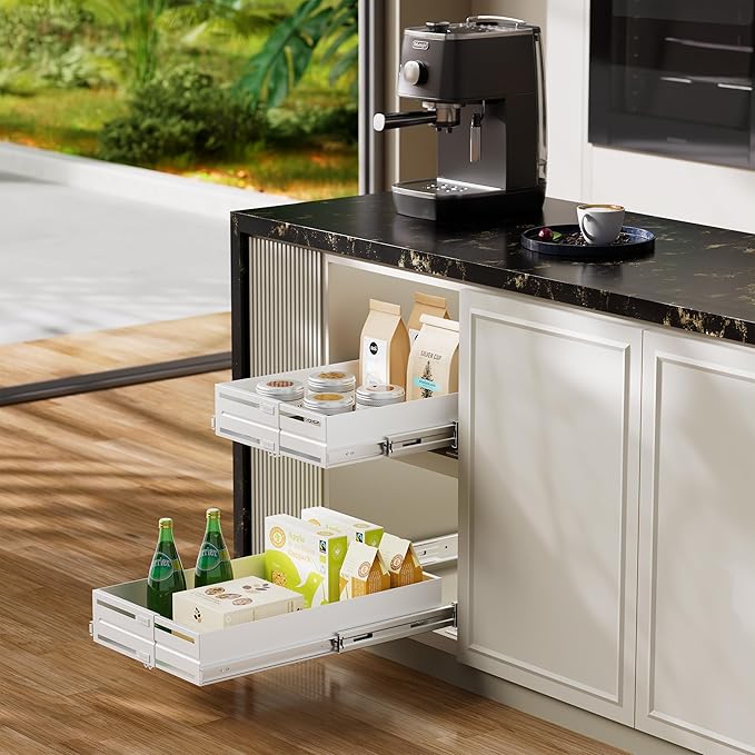 Pull Out Cabinet Organizer, Expandable Width 13"-22", Heavy Duty Metal Slide Out Drawers for Cabinets, Expandable Cabinet Pull Out Shelves for Kitchen, Pantry, Bathroom, White