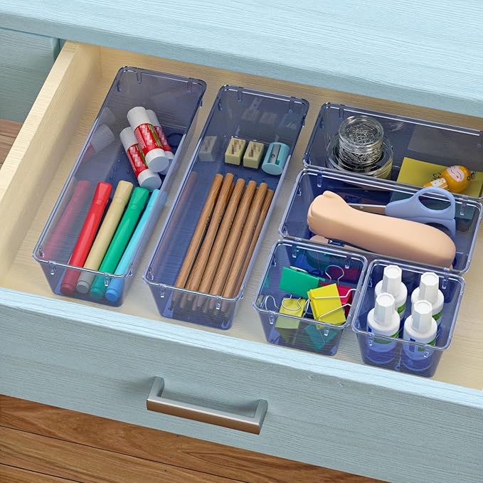 WOWBOX 9 Pack Clear Drawer Organizer Set, Acrylic Drawer Storage Trays, Storage Bins for Makeup, Cosmetics, Jewelries, Utensils, Gadgets, Office, Dark Blue