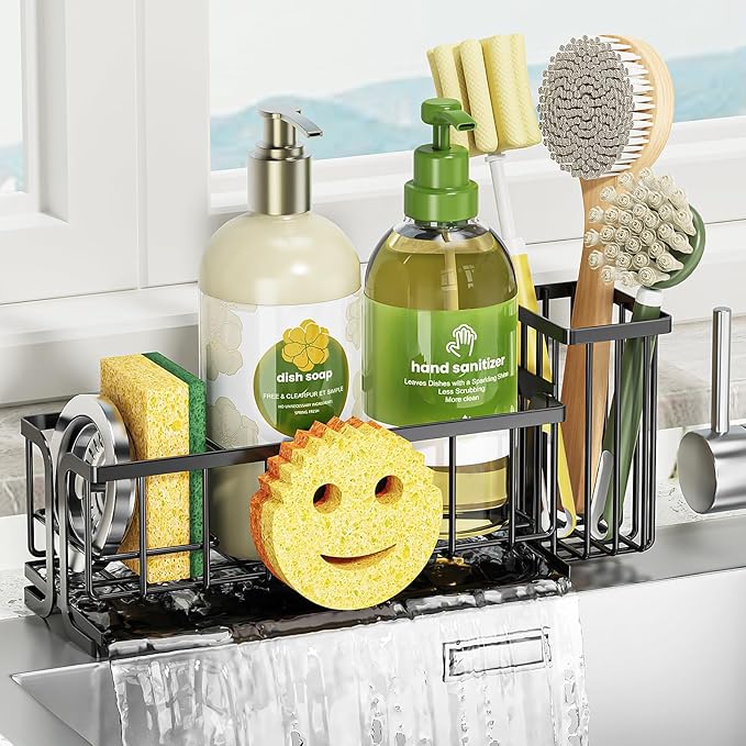 Epicano Sink Caddy Sponge Holder, Smiley Face Sponge Rack with High Brush Holder,Rustproof Kitchen Countertop Organizer,Kitchen Gadgets Sink Accessories, 9.8" x 6.3" x 4.1", Black