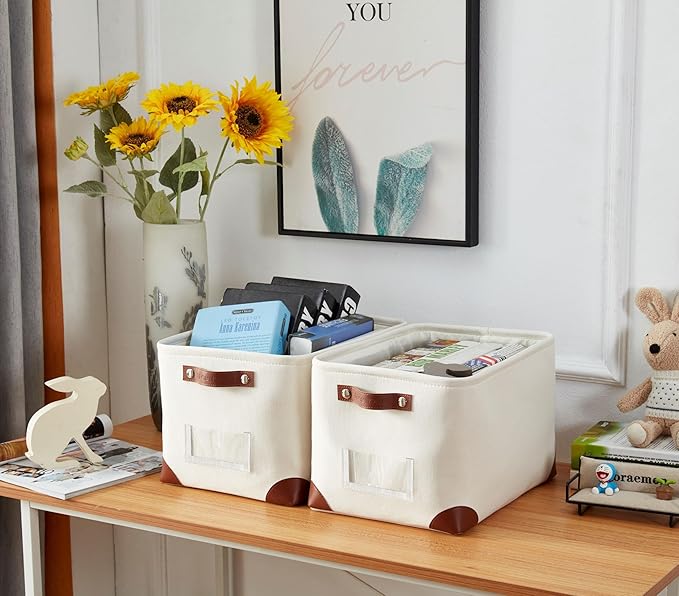 White Storage Bins Fabric Storage Baskets for Shelves & Linen Closet