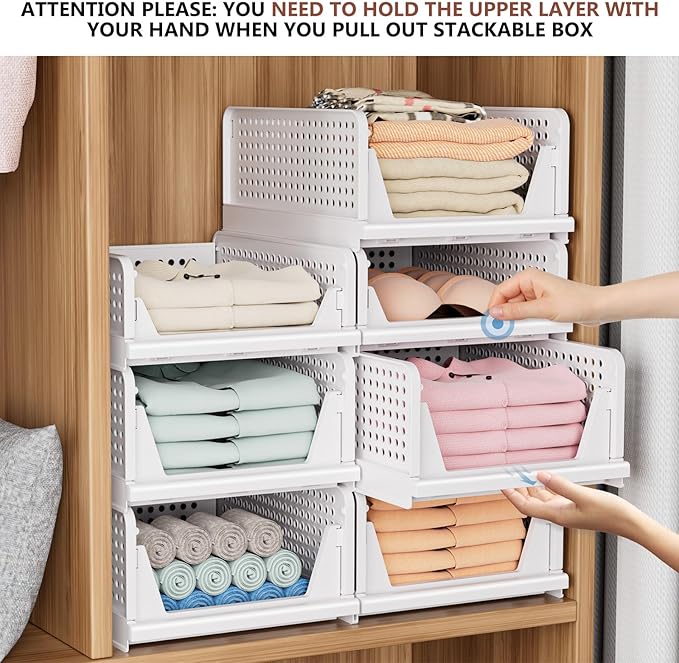4 Pack Folding Closet Organizers Storage Box, Stackable Storage Bins, Plastic Drawer Basket Closet Storage for Wardrobe Cupboard Kitchen Bathroom Office White-4L