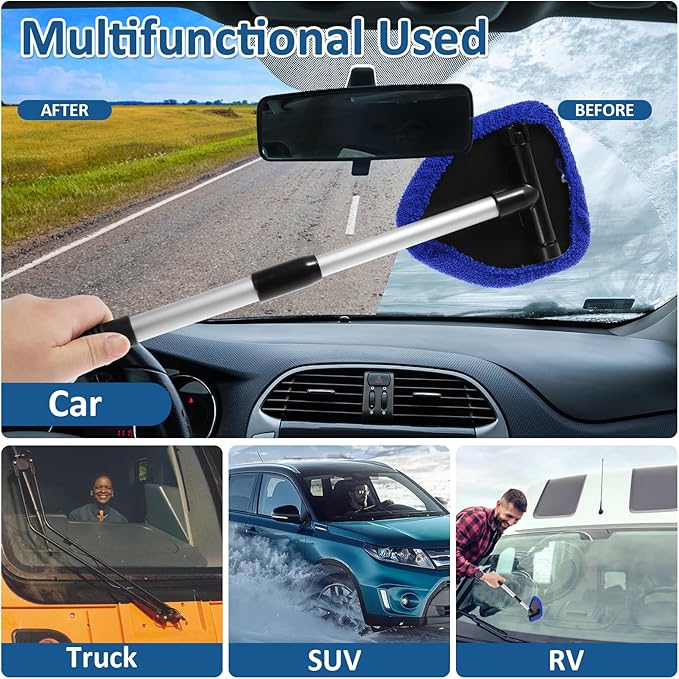 Windshield Cleaning Tool, Car Window Cleaner with Extendable Long Handle and 4 Washable Reusable Microfiber Pads and Spray Bottle