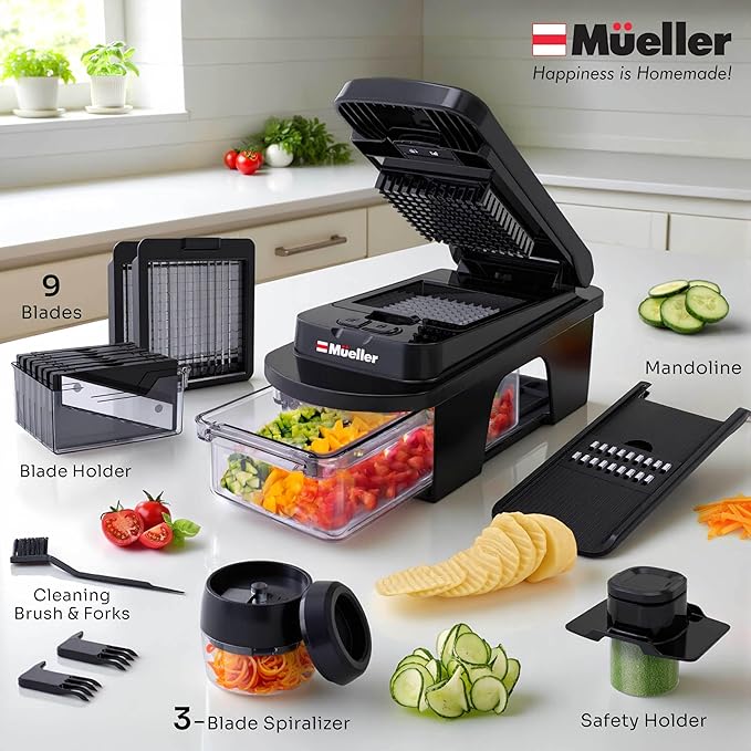 Mueller ULTIMATE 12 Blade Vegetable Chopper, Mandoline Slicer and Spiralizer, Dicer, Grater, Kitchen Essentials & Accessories, Black