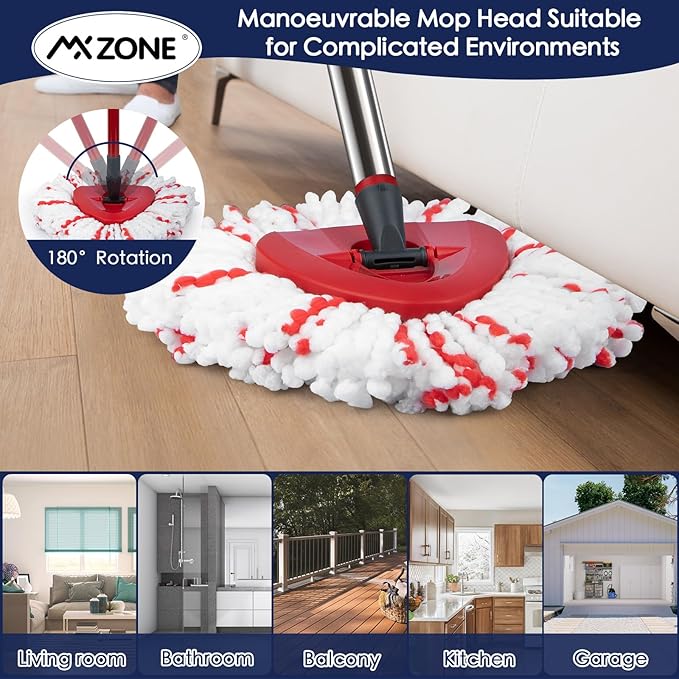 Spin Mop Head Replacement Base Handle Compatible with O Cedar EasyWring 1-Tank System, 3 Pack 40% More Cleaning Power Replace Heads, 1 Mop Handle, 1 Base and 1 Scrub Brush Combo Set