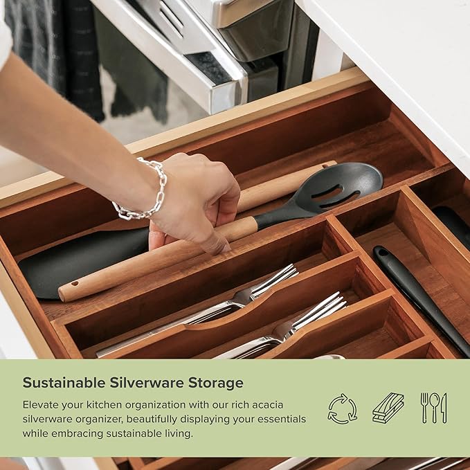 KitchenEdge Premium Silverware, Flatware and Utensil Organizer for Kitchen Drawers, Food-Safe Contract Grade, Expandable from 10.5 to 19 In, Natural Acacia